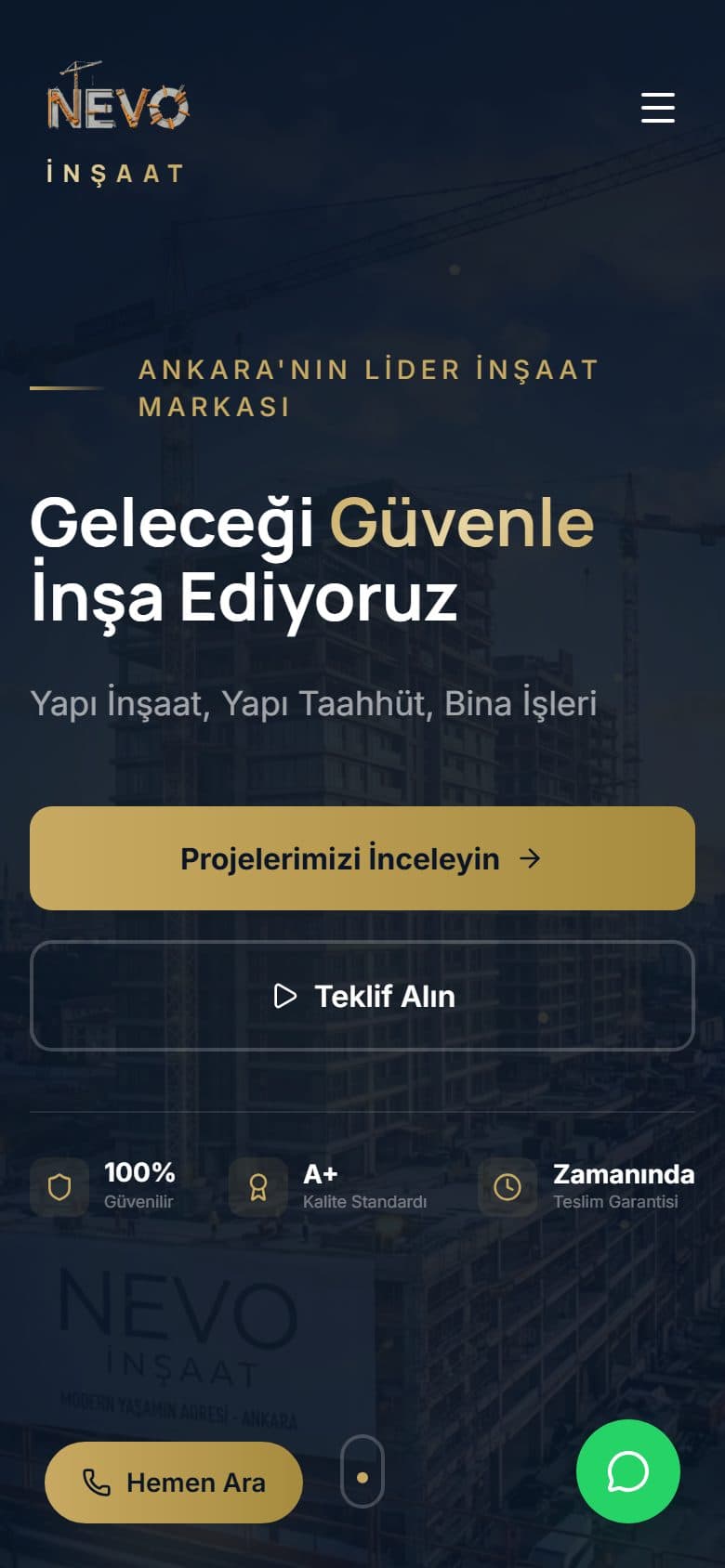 Nevo İnşaat mobil görünümü